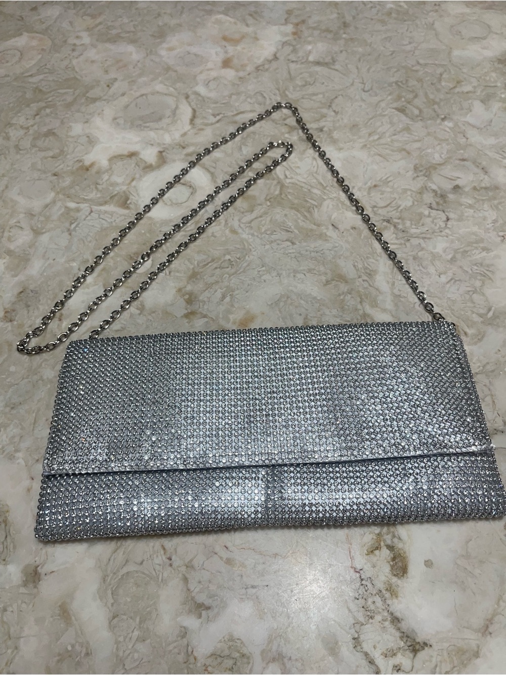 Jessica McClintock Silver Rhinestone Soft Clutch Removable Long Chain
